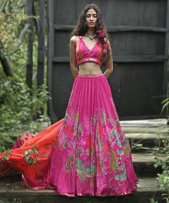 pink printed organza lehenga set 1