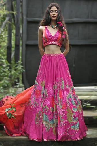 pink printed organza lehenga set