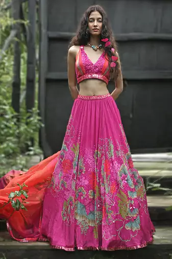 pink printed organza lehenga set