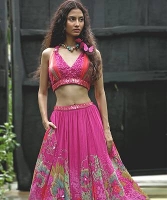 pink printed organza lehenga set 3