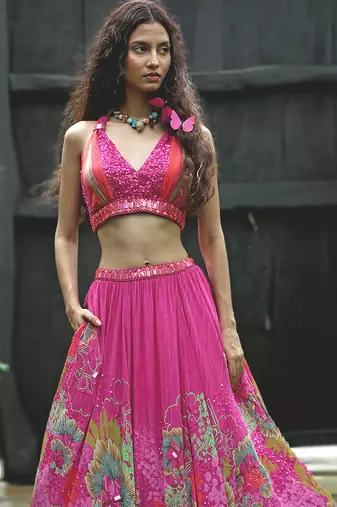 pink printed organza lehenga set