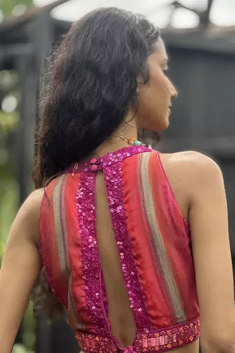 pink printed organza lehenga set