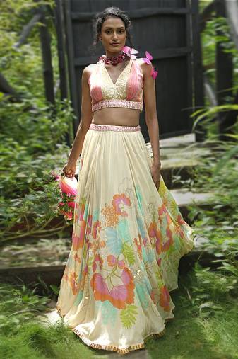 white printed organza lehenga set