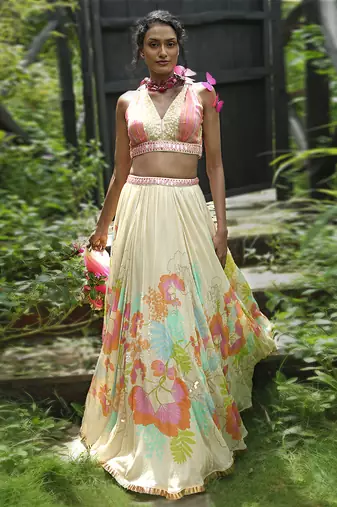 white printed organza lehenga set