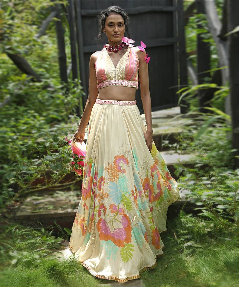 white printed organza lehenga set