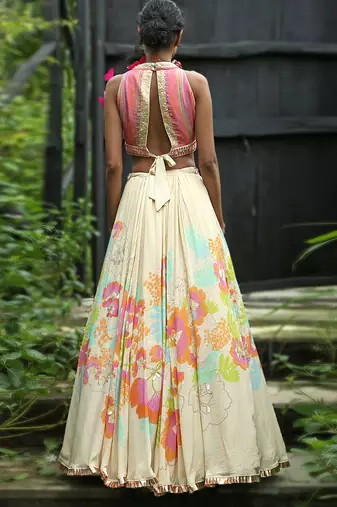 white printed organza lehenga set