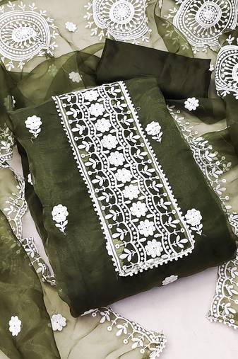 dark green organza embroidered dress material
