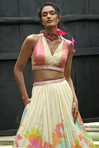 white printed organza lehenga set