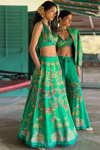 green printed organza lehenga set