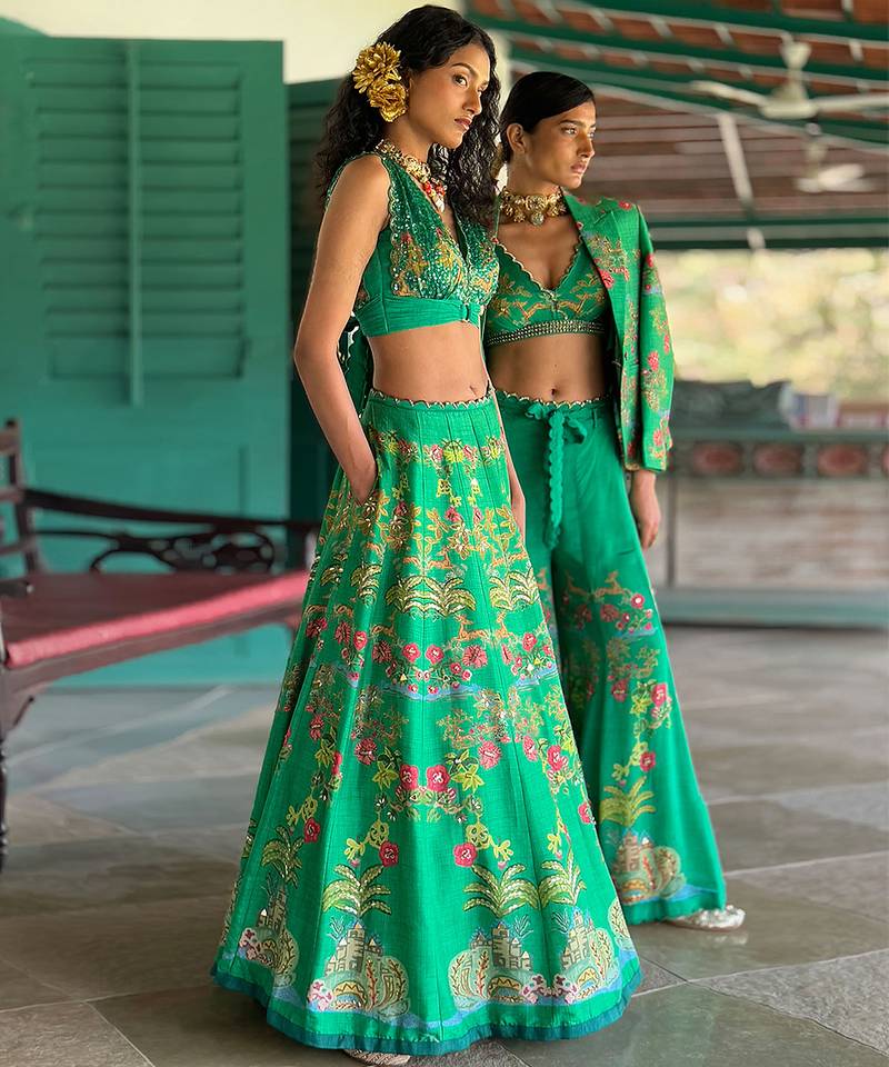 green printed organza lehenga set