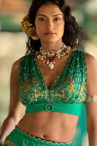 green printed organza lehenga set