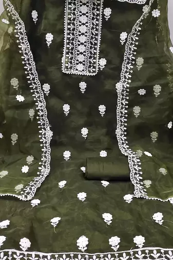 dark green organza embroidered dress material