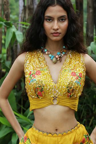 yellow printed linen lehenga set