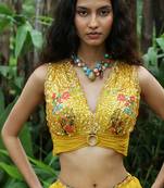 yellow printed linen lehenga set
