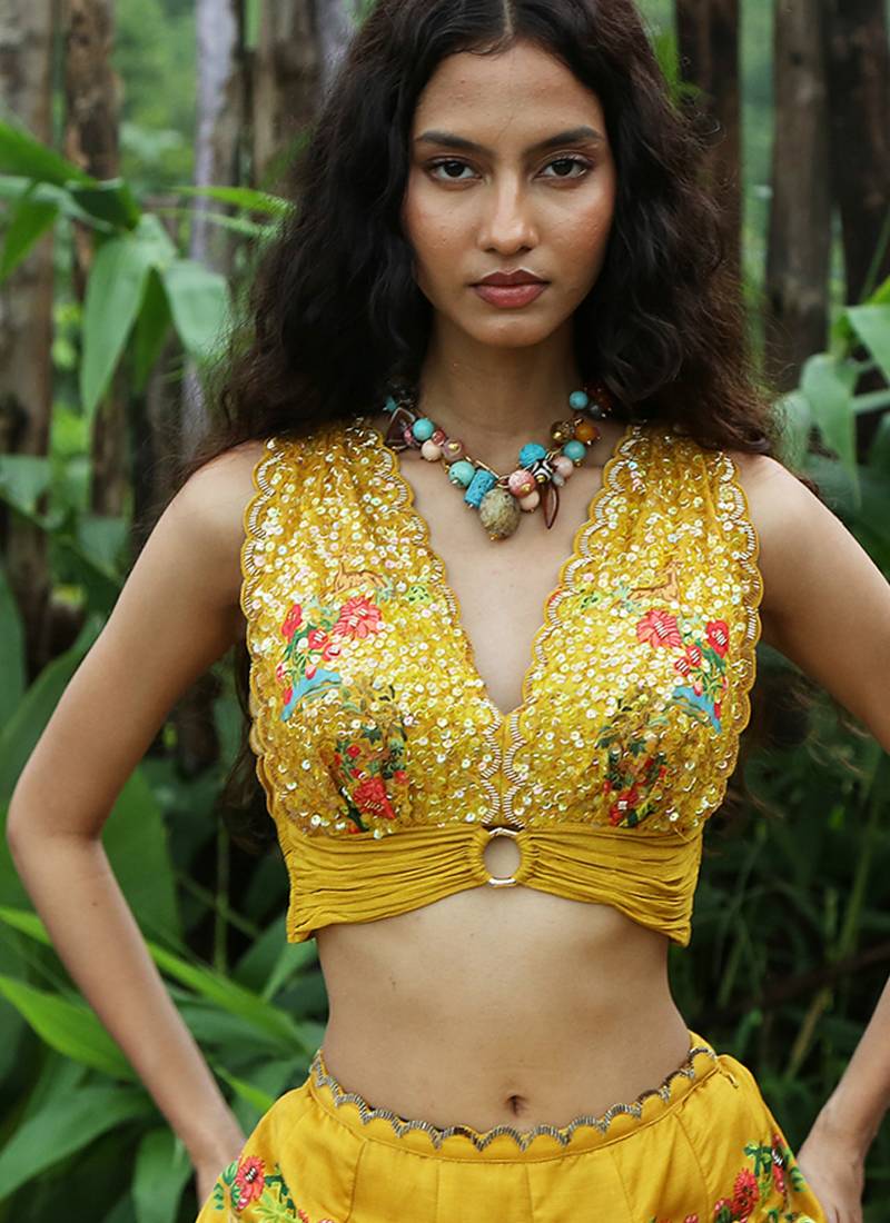 yellow printed linen lehenga set