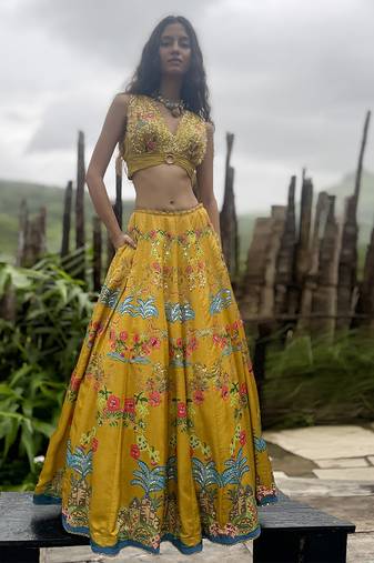 yellow printed linen lehenga set