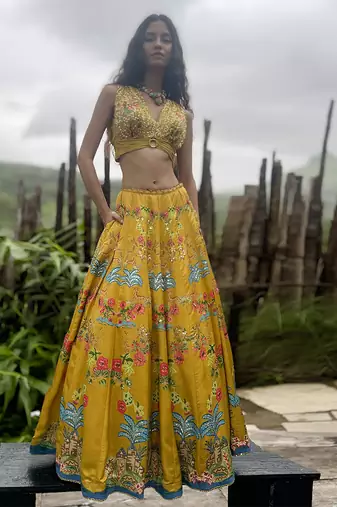 yellow printed linen lehenga set