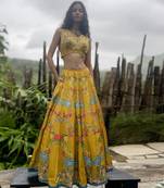 yellow printed linen lehenga set
