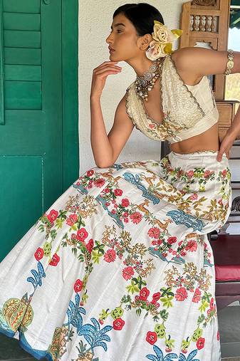 white printed linen lehenga set