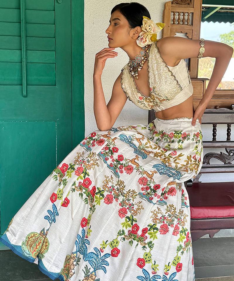 white printed linen lehenga set