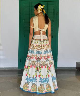 white printed linen lehenga set 4