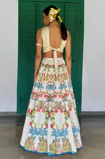 white printed linen lehenga set