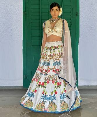 white printed linen lehenga set 1