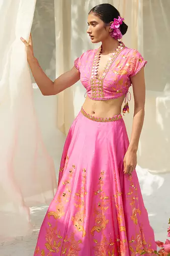pink embroidered silk lehenga set