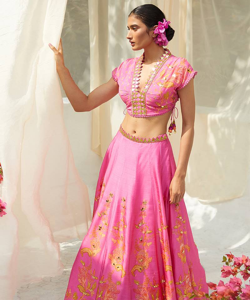 pink embroidered silk lehenga set