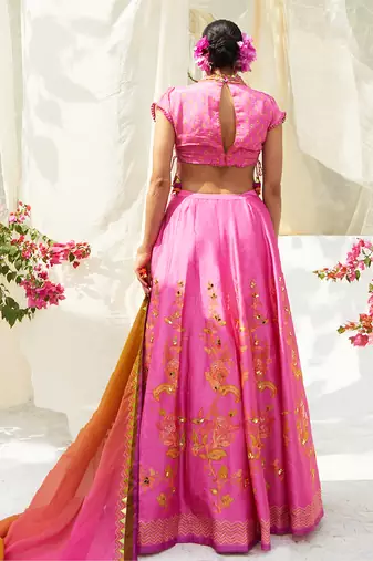 pink embroidered silk lehenga set