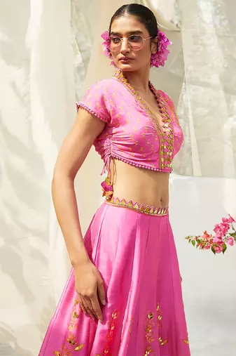 pink embroidered silk lehenga set