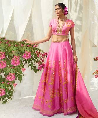 pink embroidered silk lehenga set 1