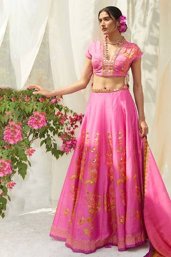 pink embroidered silk lehenga set