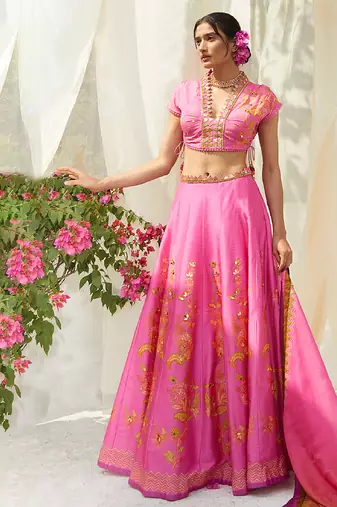 pink embroidered silk lehenga set