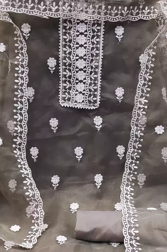 grey organza embroidered dress material