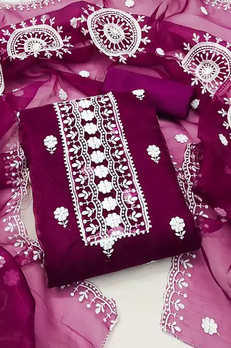 magenta organza embroidered dress material