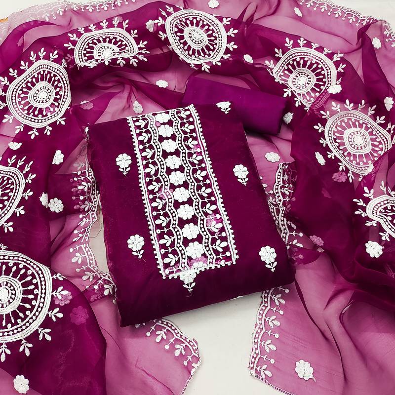 magenta organza embroidered dress material