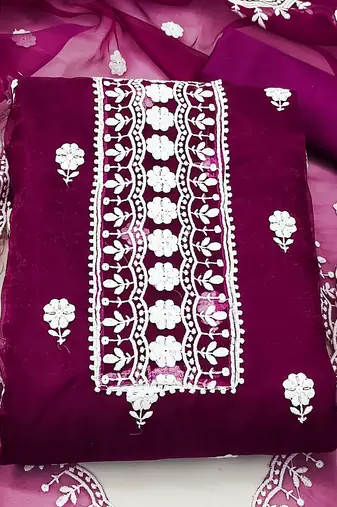 magenta organza embroidered dress material