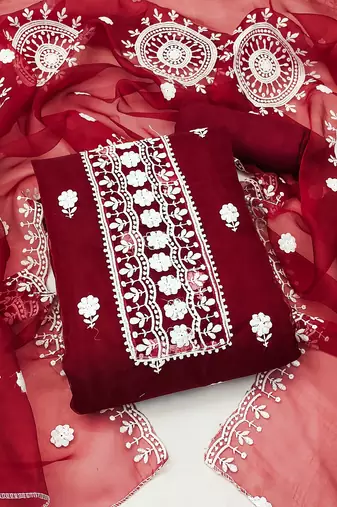 maroon organza embroidered dress material