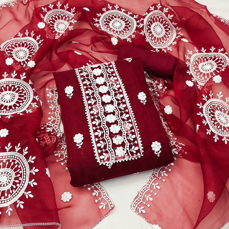 maroon organza embroidered dress material
