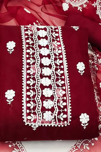 maroon organza embroidered dress material