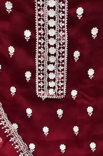 maroon organza embroidered dress material