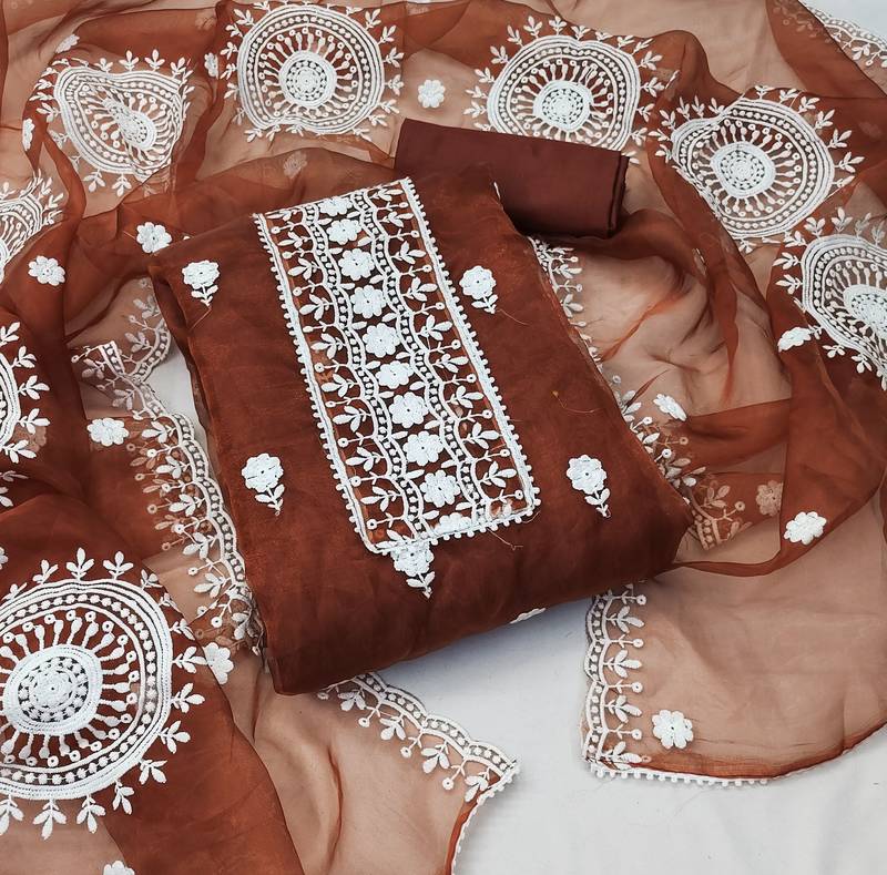 orange organza embroidered dress material