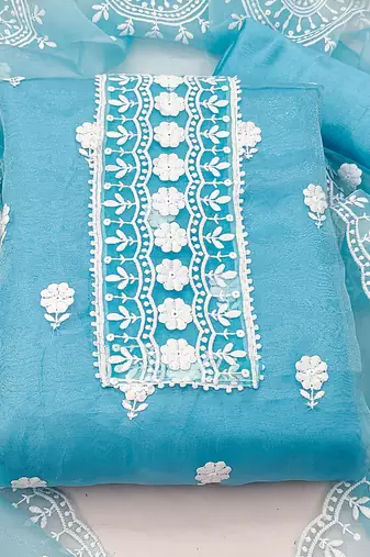 sea green organza embroidered dress material