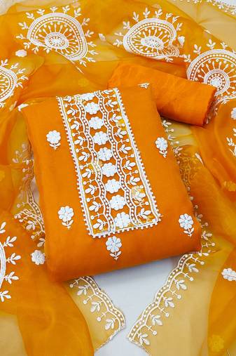 yellow organza embroidered dress material