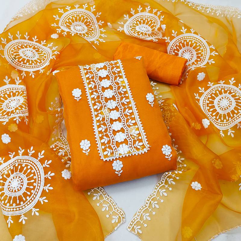 yellow organza embroidered dress material