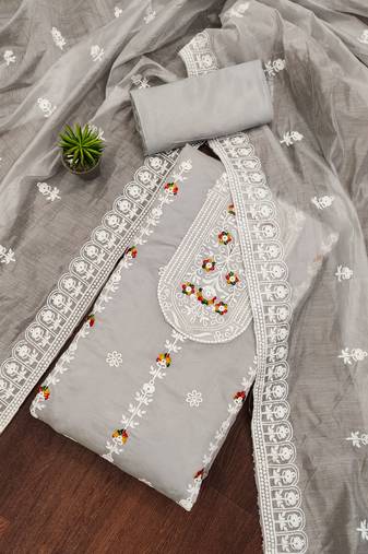 grey cotton embroidered dress material