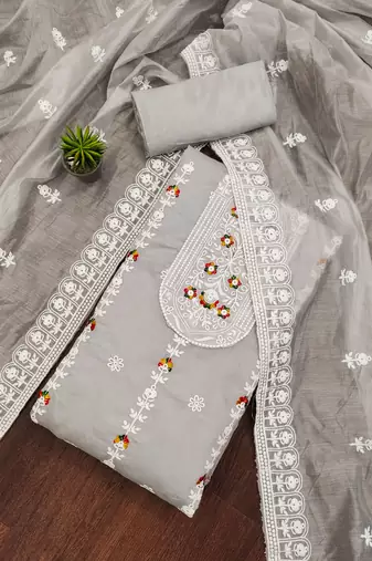 grey cotton embroidered dress material