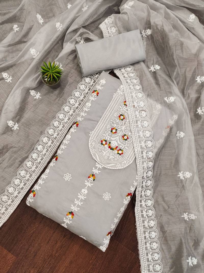 grey cotton embroidered dress material