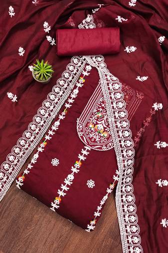 maroon cotton embroidered dress material